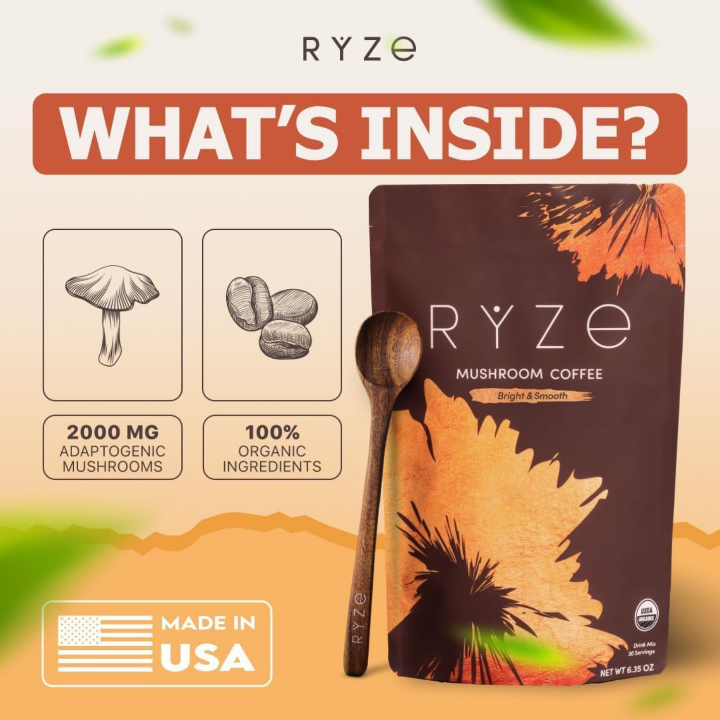RYZE Mushroom Coffee Medium Roast 30 Servings 2 Bags
