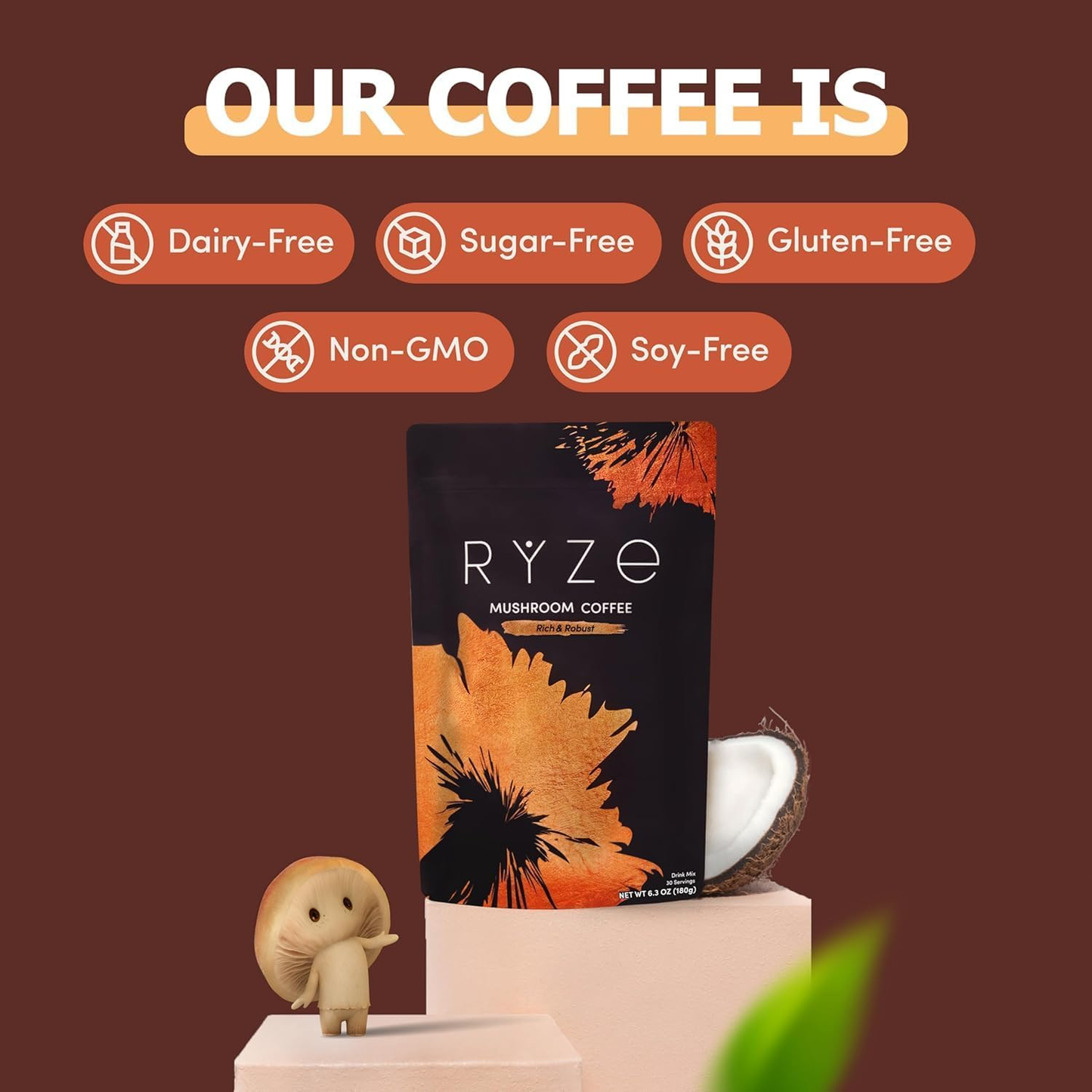 RYZE Mushroom Coffee Signature Dark Roast 30 Servings 2 Bags