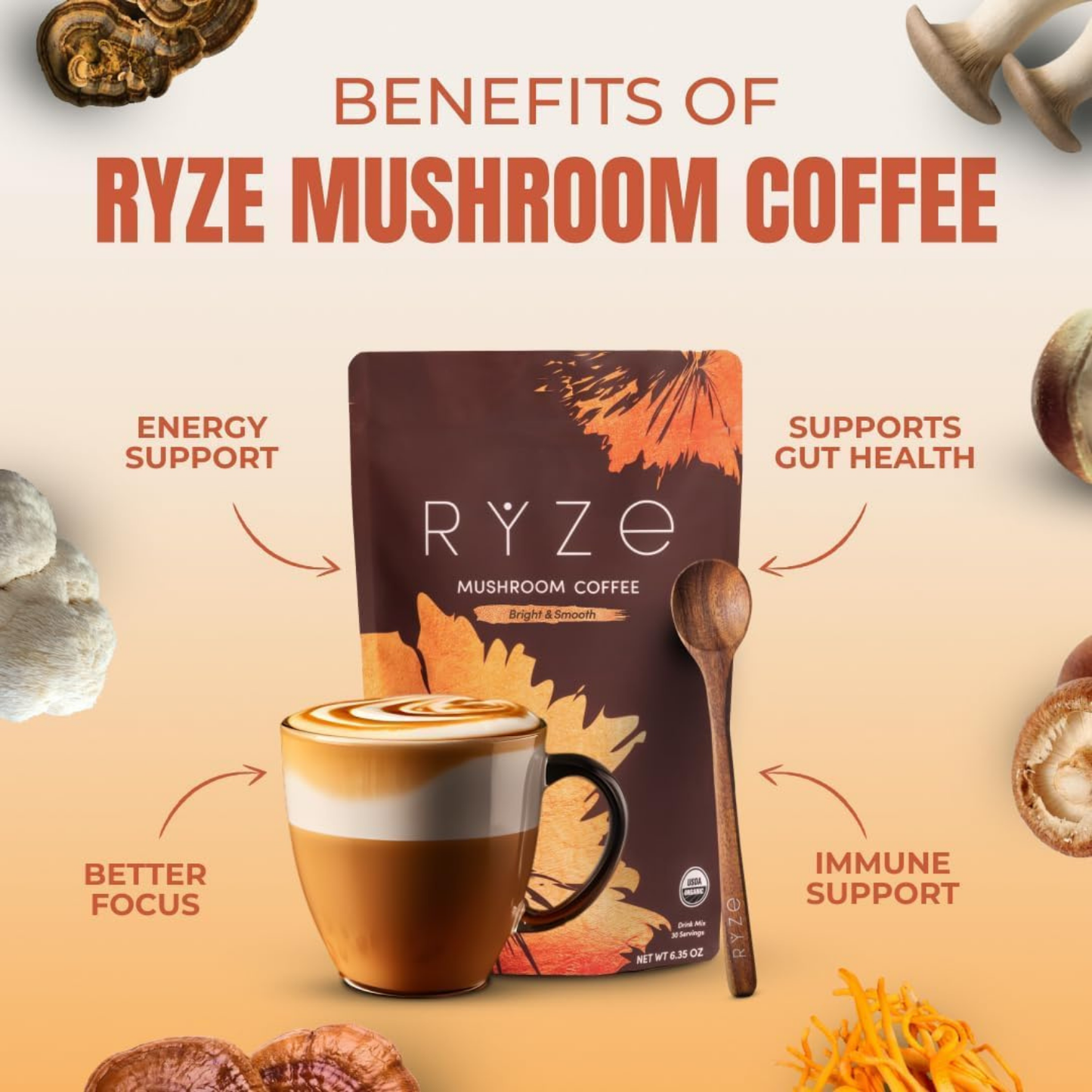 RYZE Mushroom Coffee Medium Roast 30 Servings 2 Bags
