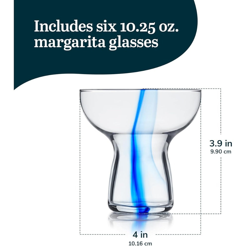 Blue Ribbon Stemless Margarita Glasses Set of 6 | Artisan-Inspired Mexican Style Margarita Glasses | Handcrafted Blue Ribbon Cocktail Glasses for Margaritas