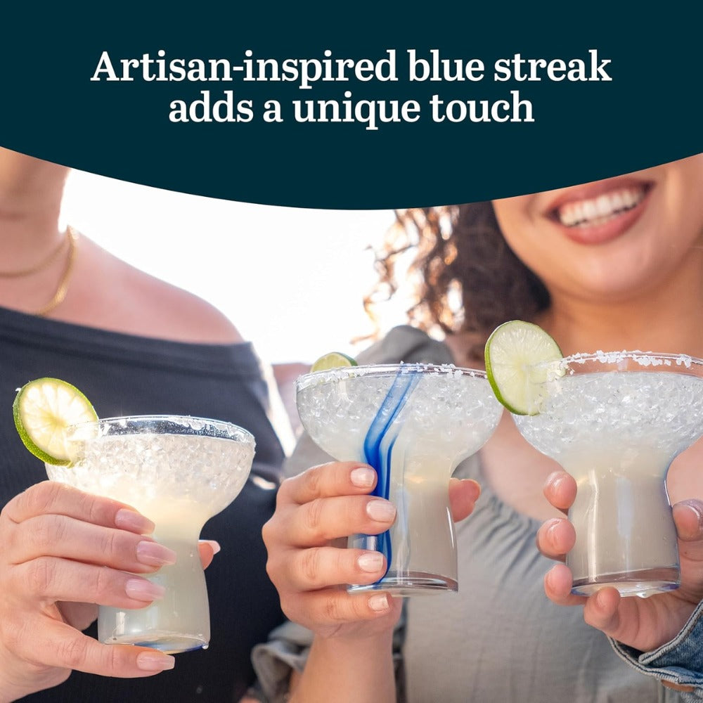 Blue Ribbon Stemless Margarita Glasses Set of 6 | Artisan-Inspired Mexican Style Margarita Glasses | Handcrafted Blue Ribbon Cocktail Glasses for Margaritas
