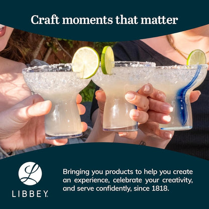Blue Ribbon Stemless Margarita Glasses Set of 6 | Artisan-Inspired Mexican Style Margarita Glasses | Handcrafted Blue Ribbon Cocktail Glasses for Margaritas