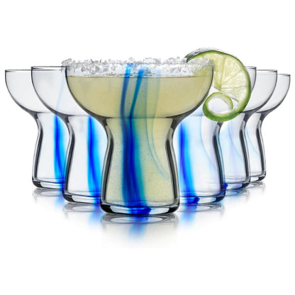 Blue Ribbon Stemless Margarita Glasses Set of 6 | Artisan-Inspired Mexican Style Margarita Glasses | Handcrafted Blue Ribbon Cocktail Glasses for Margaritas