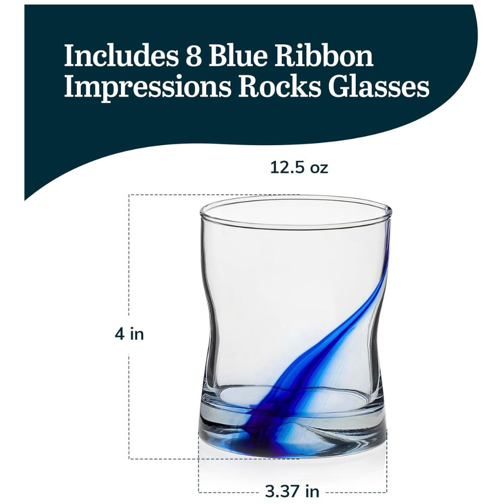 Blue Ribbon Rocks Glasses Set of 8, Artisan-Inspired Four-Dimple Whiskey Glasses, 12.5 oz Old Fashioned Cocktail Glasses