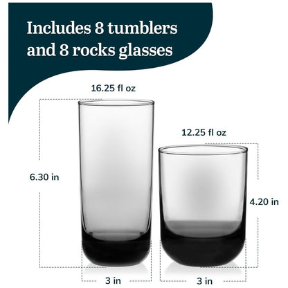 Polaris Tumbler and Rocks Glass Set of 16 | Smoke Hue Drinking Glasses with Straight-Line Design | Lead-Free Highball & Old Fashioned Glasses for Water