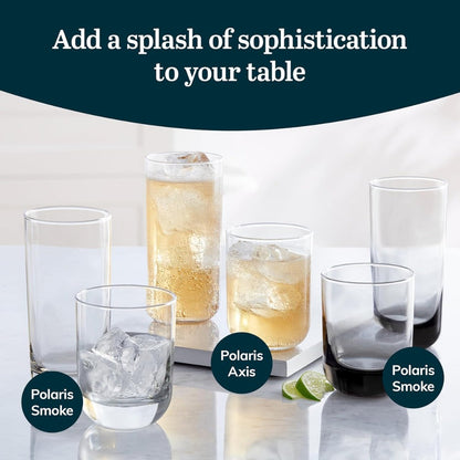 Polaris Tumbler and Rocks Glass Set of 16 | Smoke Hue Drinking Glasses with Straight-Line Design | Lead-Free Highball & Old Fashioned Glasses for Water