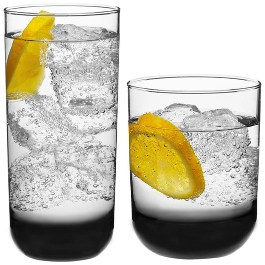 Polaris Tumbler and Rocks Glass Set of 16 | Smoke Hue Drinking Glasses with Straight-Line Design | Lead-Free Highball & Old Fashioned Glasses for Water
