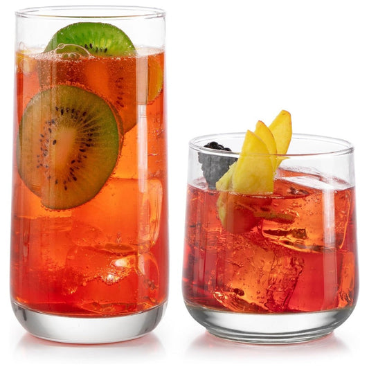 Ascent Tumbler & Rocks Drinking Glasses Set of 16 | Clear Lead-Free Glass Drinkware Set with 8 Tall Tumblers (16.25 oz) & 8 Rocks Glasses (12.25 oz) | Water, Juice, Cocktails, Whiskey, Everyday Beverage Glasses