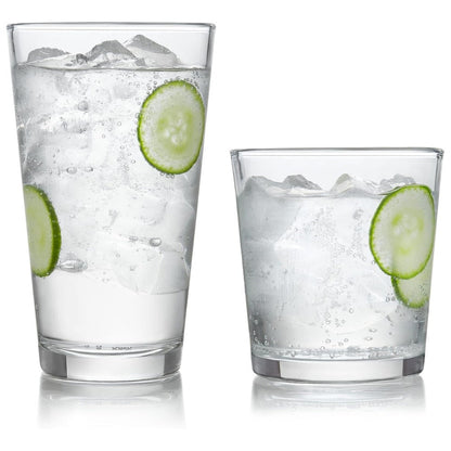 Preston Tumbler & Rocks Drinking Glasses Set of 16 | Clear All-Purpose Glassware Set with 8 Tall Tumblers (16 oz) & 8 Rocks Glasses (13 oz) | Wide-Rim Lead-Free Drinkware for Water, Juice, Cocktails & More