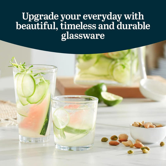 Preston Tumbler & Rocks Drinking Glasses Set of 16 | Clear All-Purpose Glassware Set with 8 Tall Tumblers (16 oz) & 8 Rocks Glasses (13 oz) | Wide-Rim Lead-Free Drinkware for Water, Juice, Cocktails & More