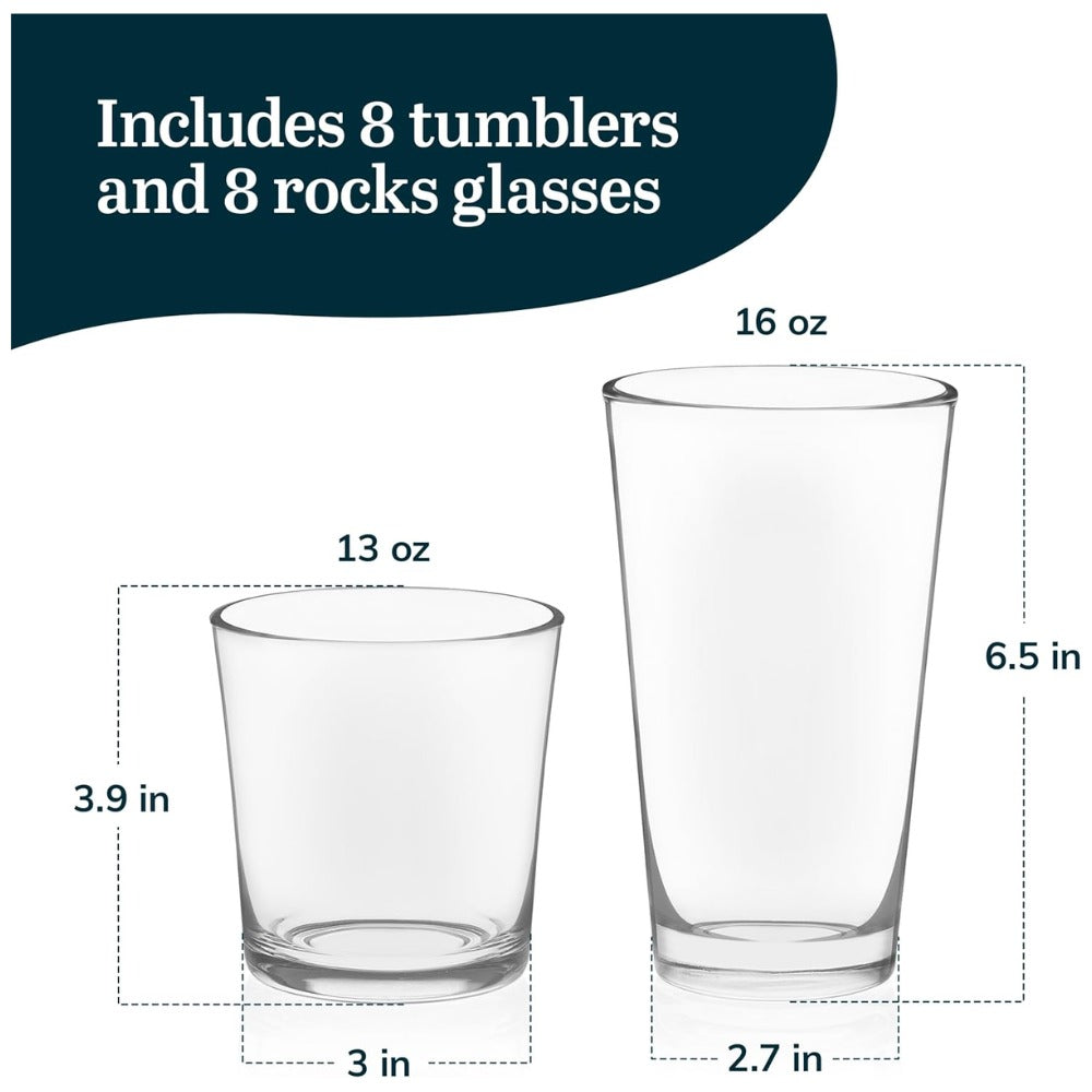 Preston Tumbler & Rocks Drinking Glasses Set of 16 | Clear All-Purpose Glassware Set with 8 Tall Tumblers (16 oz) & 8 Rocks Glasses (13 oz) | Wide-Rim Lead-Free Drinkware for Water, Juice, Cocktails & More