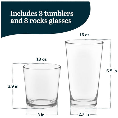 Preston Tumbler & Rocks Drinking Glasses Set of 16 | Clear All-Purpose Glassware Set with 8 Tall Tumblers (16 oz) & 8 Rocks Glasses (13 oz) | Wide-Rim Lead-Free Drinkware for Water, Juice, Cocktails & More