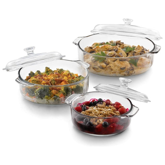 Baker's Basics Glass Casserole Dish Set with Covers, 3-Piece Bakeware Set | Oven Safe Clear Glass Baking Dishes with Glass Lids | Covered Casserole Dishes for Baking, Serving, Storing & Reheating
