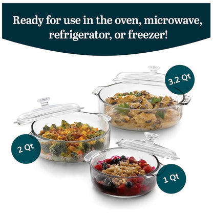 Baker's Basics Glass Casserole Dish Set with Covers, 3-Piece Bakeware Set | Oven Safe Clear Glass Baking Dishes with Glass Lids | Covered Casserole Dishes for Baking, Serving, Storing & Reheating