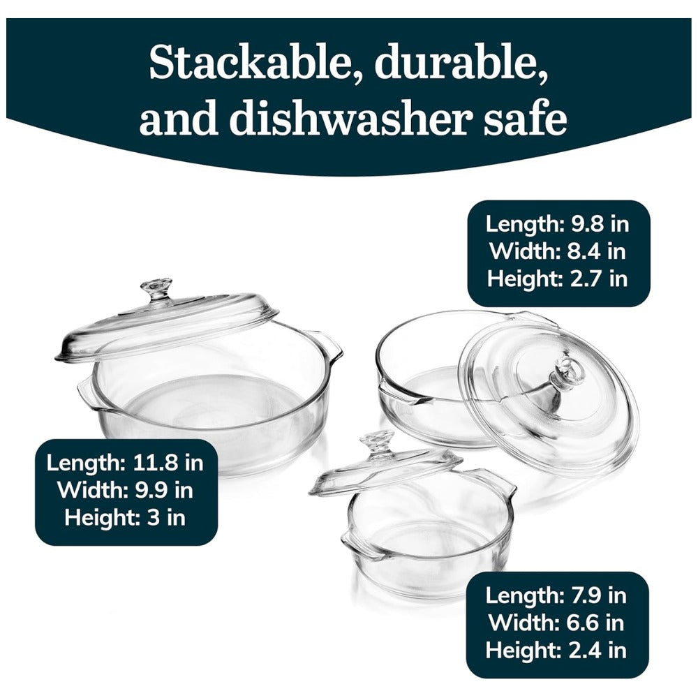 Baker's Basics Glass Casserole Dish Set with Covers, 3-Piece Bakeware Set | Oven Safe Clear Glass Baking Dishes with Glass Lids | Covered Casserole Dishes for Baking, Serving, Storing & Reheating
