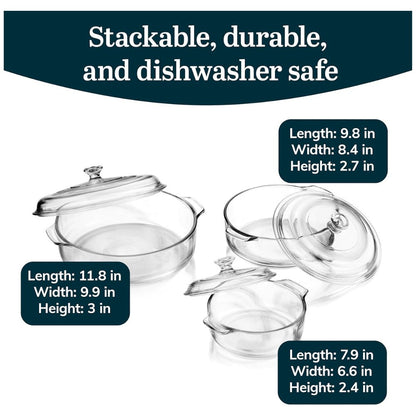 Baker's Basics Glass Casserole Dish Set with Covers, 3-Piece Bakeware Set | Oven Safe Clear Glass Baking Dishes with Glass Lids | Covered Casserole Dishes for Baking, Serving, Storing & Reheating