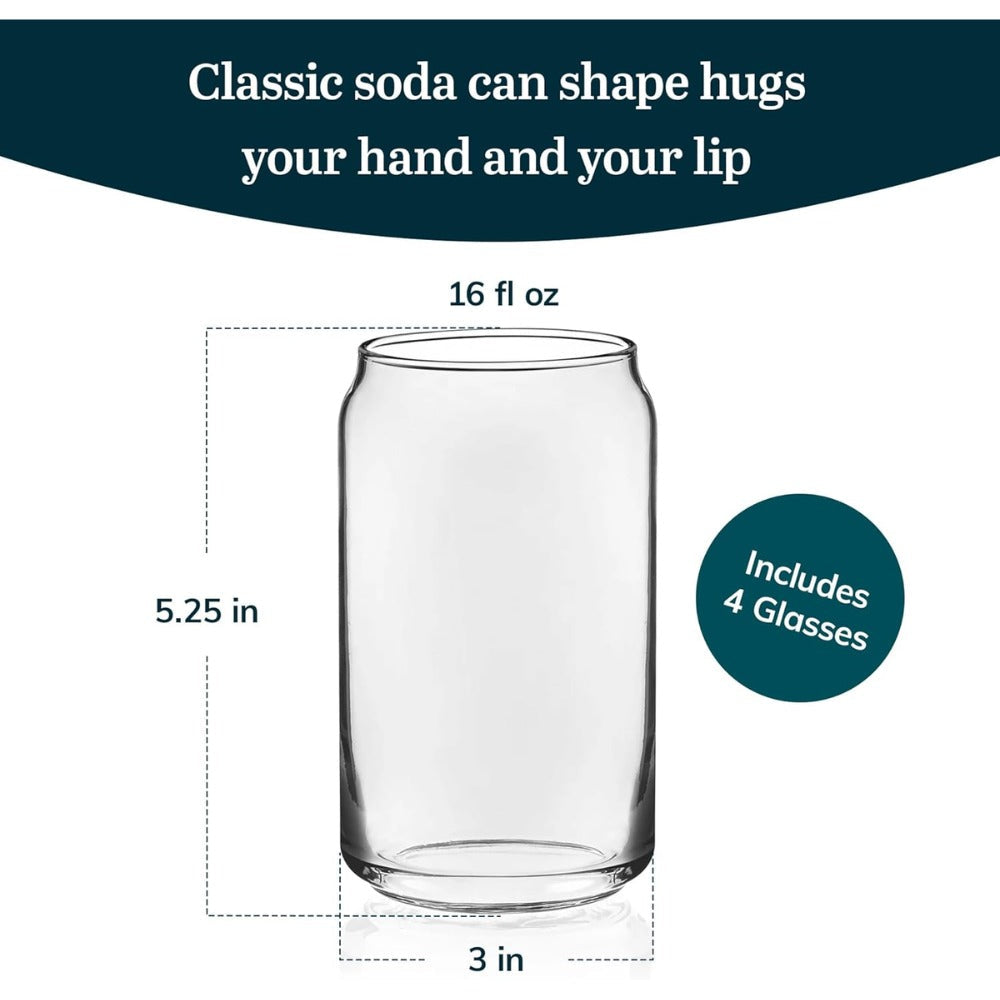 Classic Can Shaped Drinking Glasses Set of 4, 16 oz Clear Glass Tumblers | Beer Can Style Glass Cups for Iced Coffee, Beer, Soda, Cocktails, Smoothies & Everyday Beverages | Dishwasher Safe