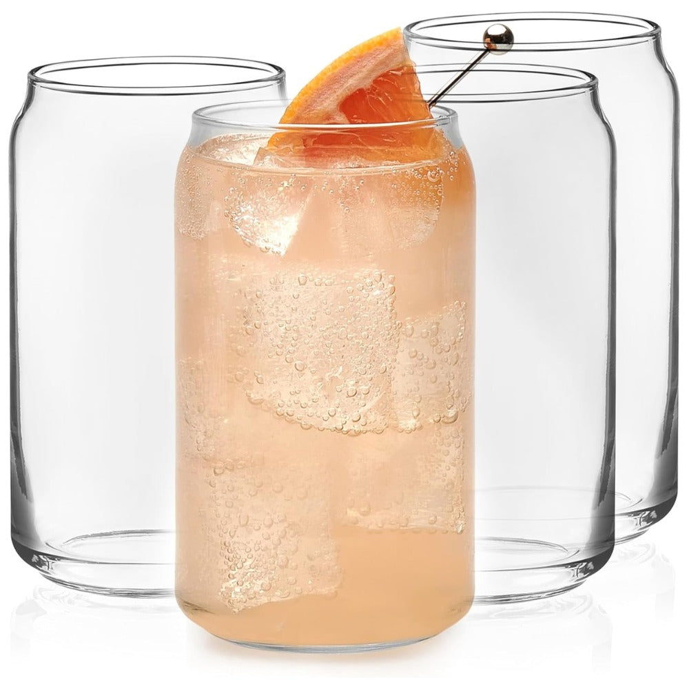 Classic Can Shaped Drinking Glasses Set of 4, 16 oz Clear Glass Tumblers | Beer Can Style Glass Cups for Iced Coffee, Beer, Soda, Cocktails, Smoothies & Everyday Beverages | Dishwasher Safe