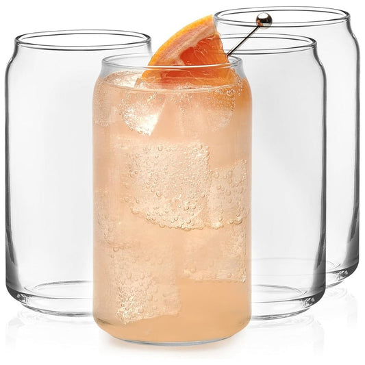 Classic Can Shaped Drinking Glasses Set of 4, 16 oz Clear Glass Tumblers | Beer Can Style Glass Cups for Iced Coffee, Beer, Soda, Cocktails, Smoothies & Everyday Beverages | Dishwasher Safe